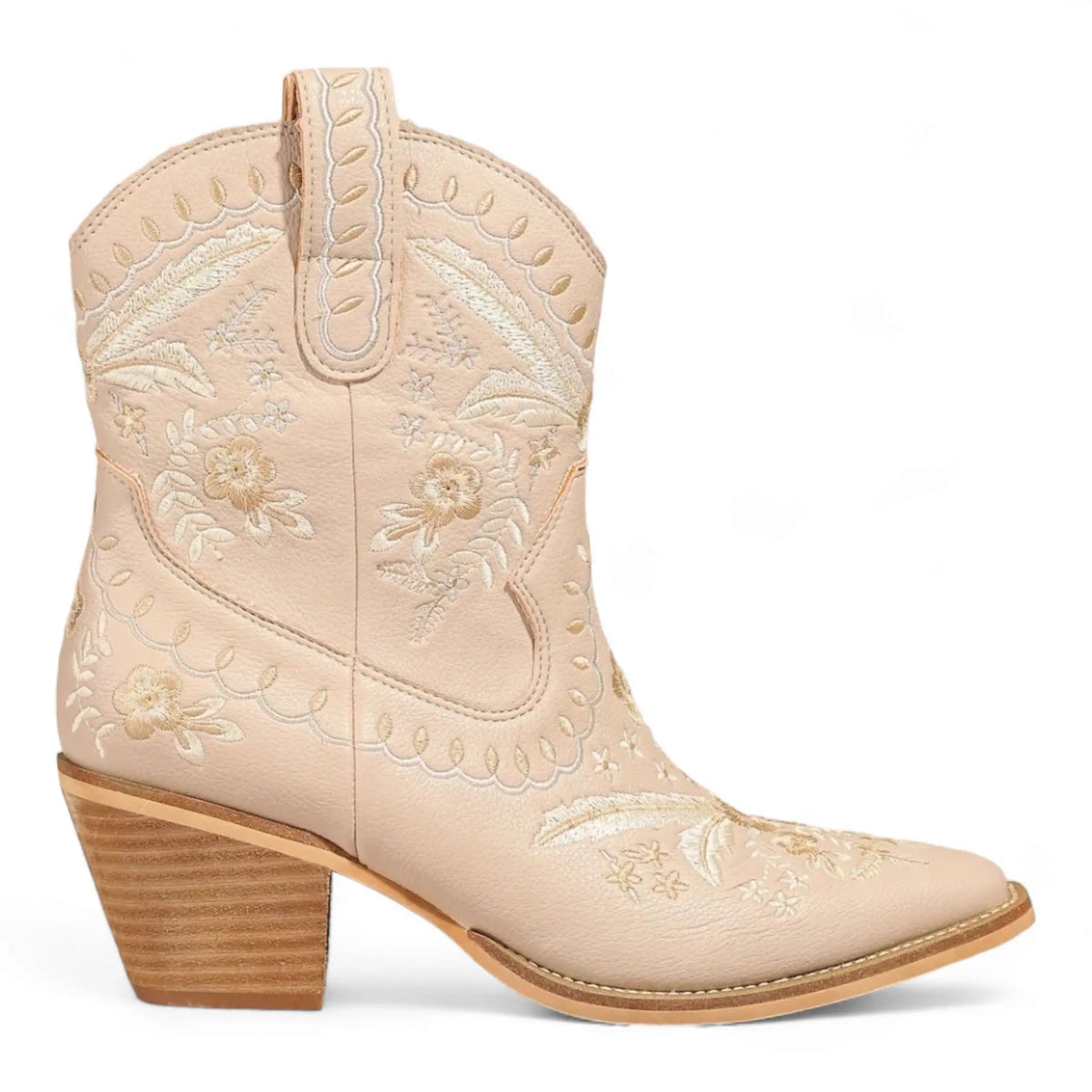 Beige leather Corral Cowgirl Bootie with floral embroidery and stacked heel