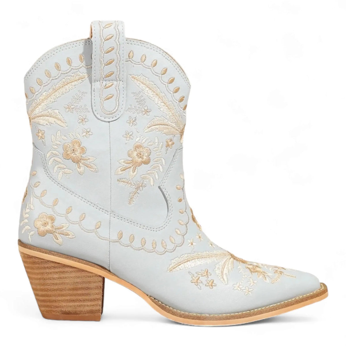 Light blue Corral Cowgirl Bootie with floral embroidery and pointed toe design