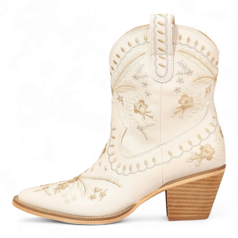 White leather Corral Cowgirl Bootie with floral embroidery and stacked heel