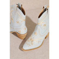 White Corral Cowgirl Bootie with gold floral embroidery and pointed toes