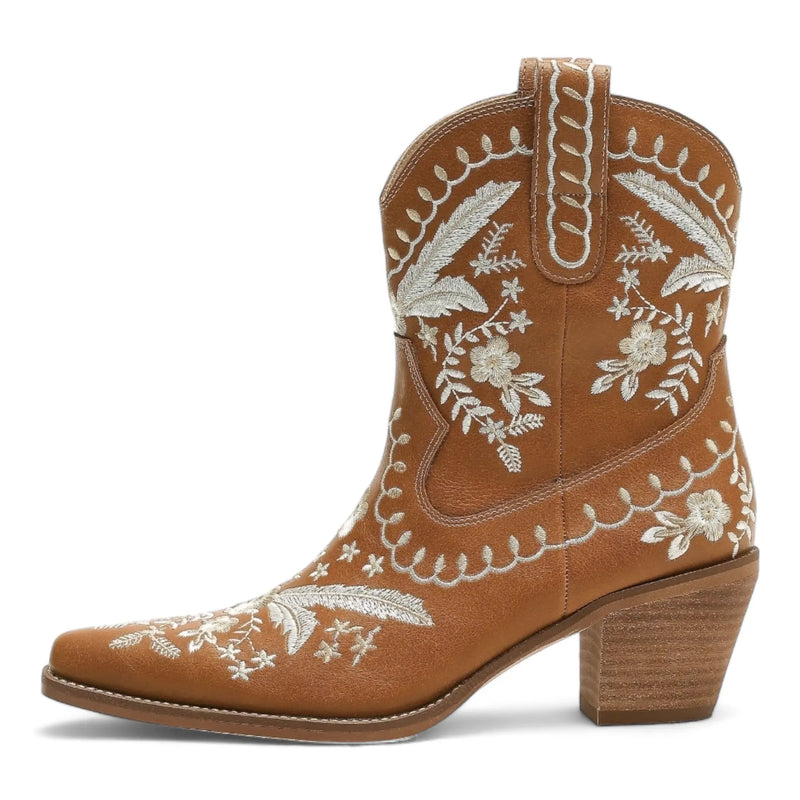 Tan leather Corral Cowgirl Bootie with white floral embroidery and stacked heel