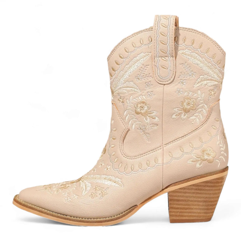 Beige leather Corral Cowgirl Bootie with floral embroidery and stacked heel