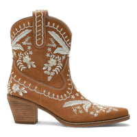 Tan leather Corral Cowgirl Bootie with intricate white floral embroidery detail