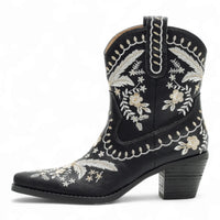 Ornate black Corral Cowgirl Bootie with intricate floral embroidery in white and beige