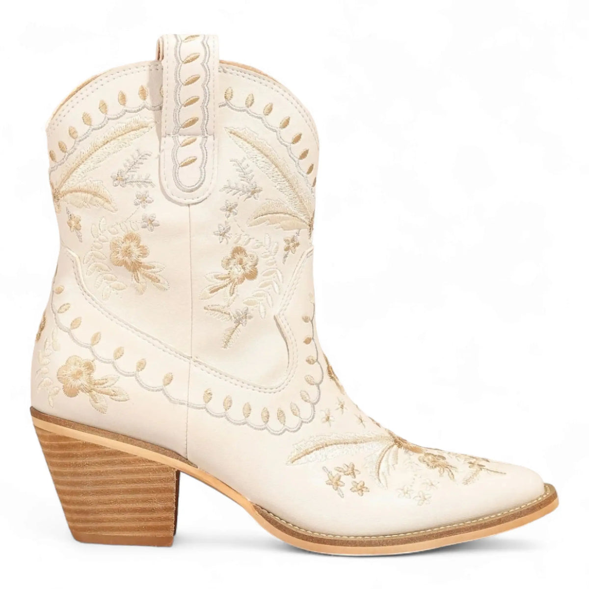 White leather Corral Cowgirl Bootie with floral embroidery and chunky heel