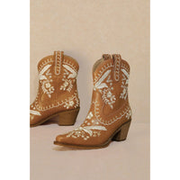 Brown leather Corral Cowgirl Bootie with white floral embroidery design