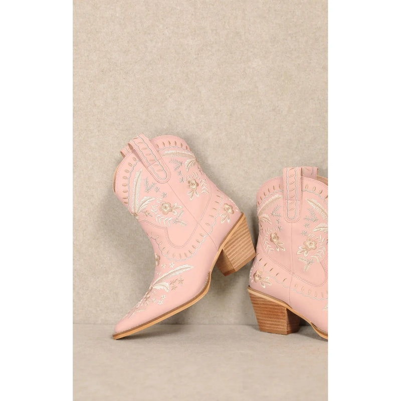 Pink Corral Cowgirl Bootie with floral embroidery and wooden heels