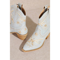 White Corral Cowgirl Bootie with gold floral embroidery and pointed toes