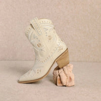 White embroidered Corral Cowgirl Bootie with pointed toe and wood grain heel