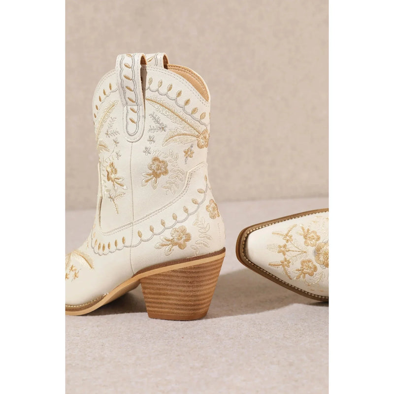 White Corral Cowgirl Bootie with floral embroidery and stacked heel design