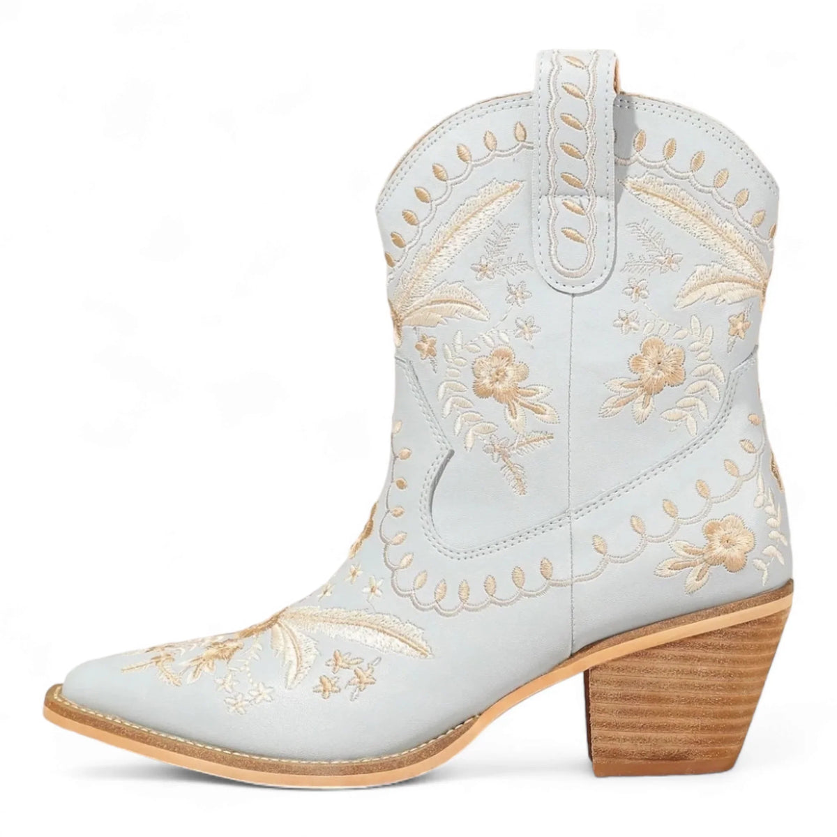 White leather Corral Cowgirl Bootie with floral embroidery and stacked heel