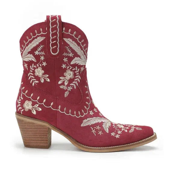 Corral Embroidered Cowgirl Ankle Bootie - Burgundy Red