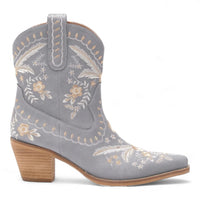 Gray Corral Cowgirl Bootie with floral embroidery and wooden heel