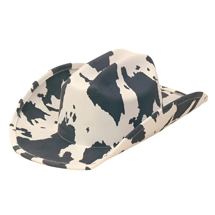 Cow Print Cowboy Hat featuring a stylish black and white cow print pattern