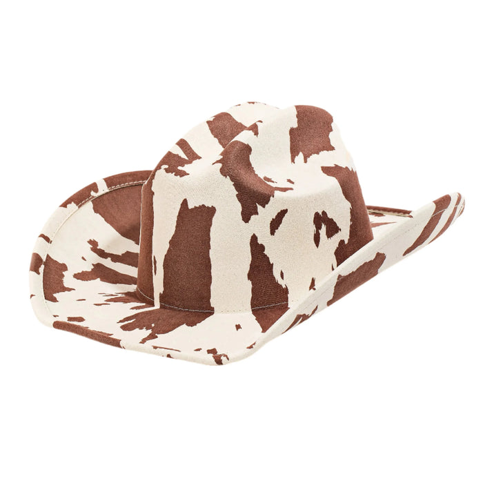 Cow Print Cowboy Hat featuring a stylish brown and white cow print pattern