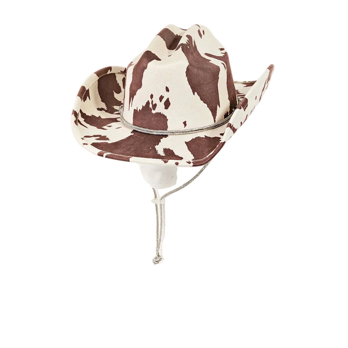 Cow Print Draw String Cowboy Hat - Brown