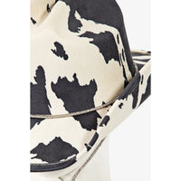 Cow Print Draw String Cowboy Hat featuring a stylish black and white cow print pattern