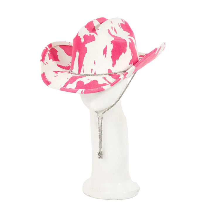 Cow Print Draw String Cowboy Hat - Pink