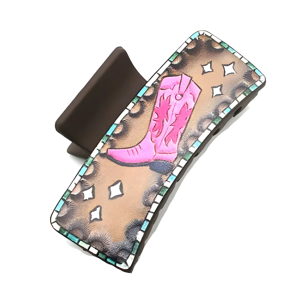 Leather wallet featuring pink cowboy boot design and turquoise stitching for Cowgirl Claw Clip