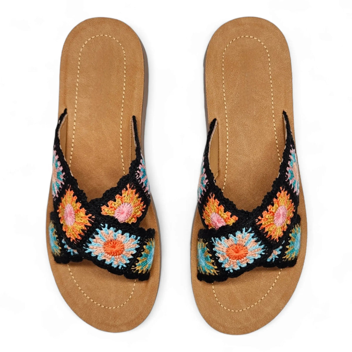 Colorful Criss Cross Crochet Slides with tan soles ideal for summer fashion