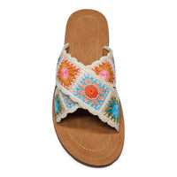 Colorful Criss Cross Crochet Slides featuring a tan leather sole and floral pattern