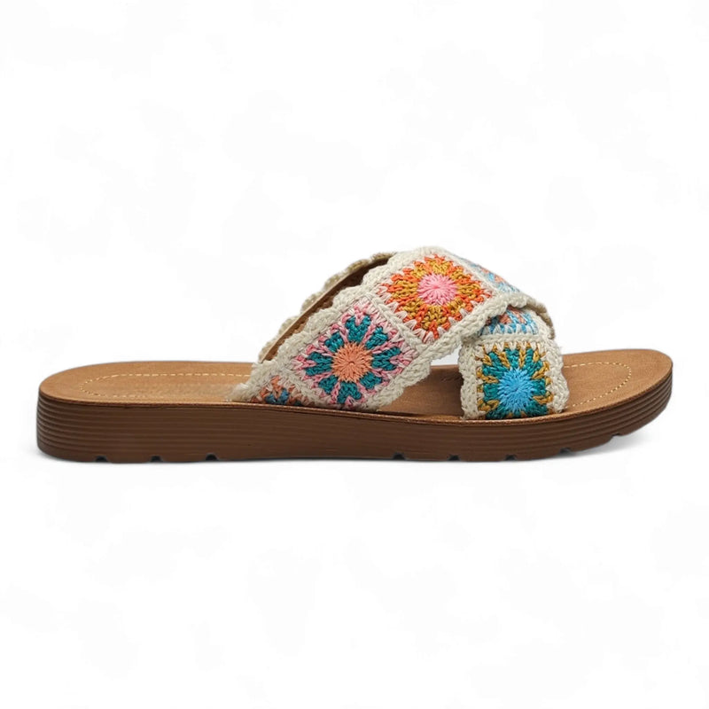 Colorful Criss Cross Crochet Slides featuring floral cross-strap patterns