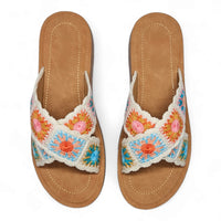 Criss Cross Crochet Slides featuring embroidered floral designs and tan soles