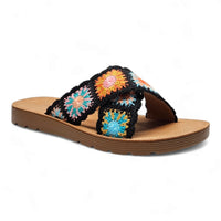 Colorful criss cross crochet slides with embroidered cross-strap design and flat sole