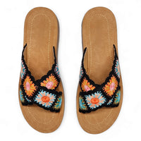 Colorful Criss Cross Crochet Slides with tan soles ideal for summer fashion