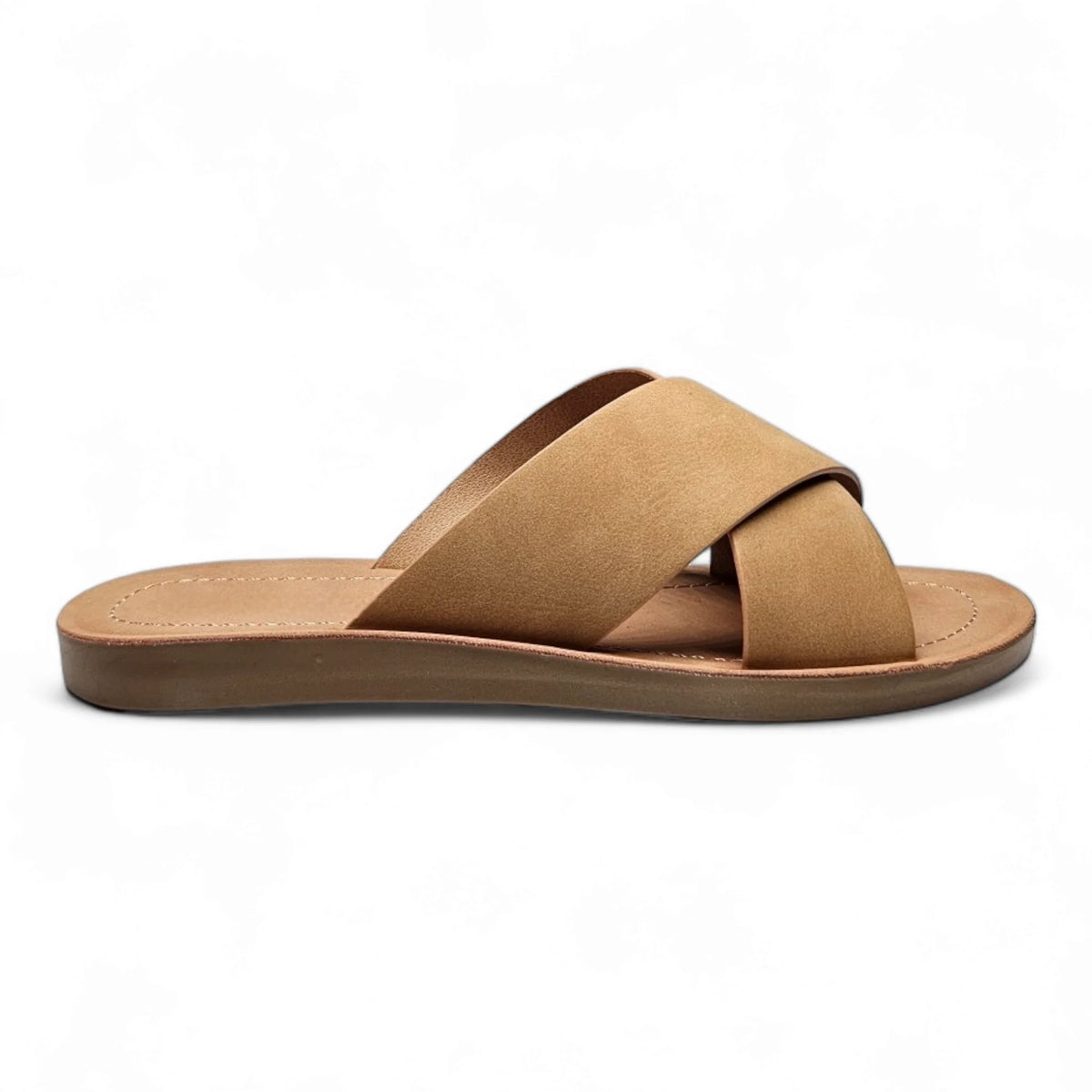 Tan criss cross sandal slides with stylish crisscrossing straps for ultimate comfort