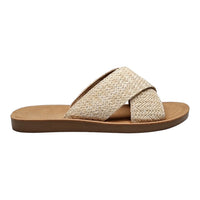 Woven beige criss cross sandal slides with flat sole for stylish comfort