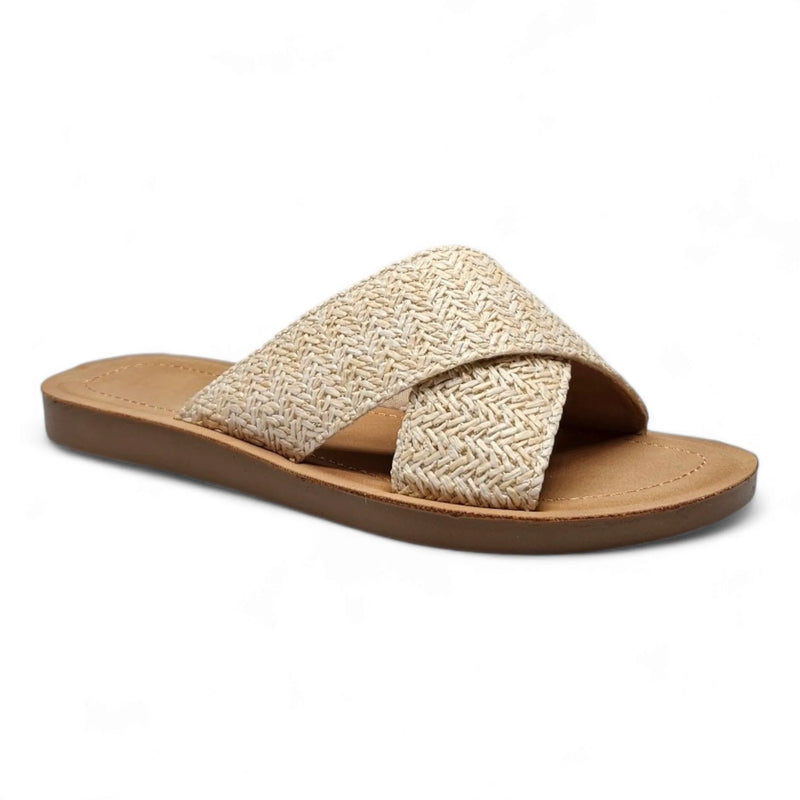 Woven raffia criss cross sandal slides with a tan sole for stylish summer wear