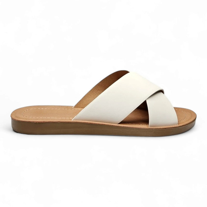 White leather criss cross sandal slides with a tan sole for stylish summer wear