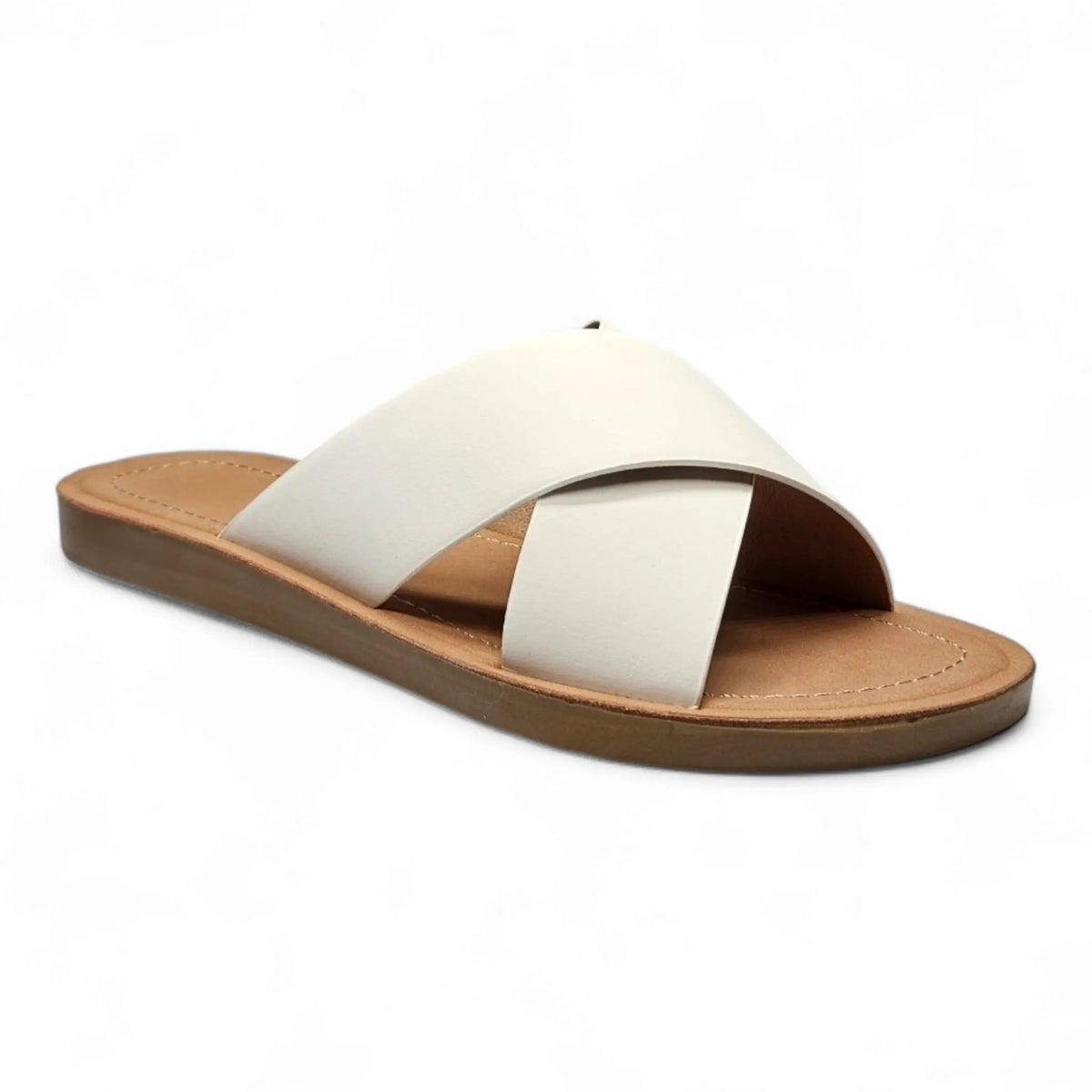 White leather criss cross sandal slides with tan sole for stylish summer footwear