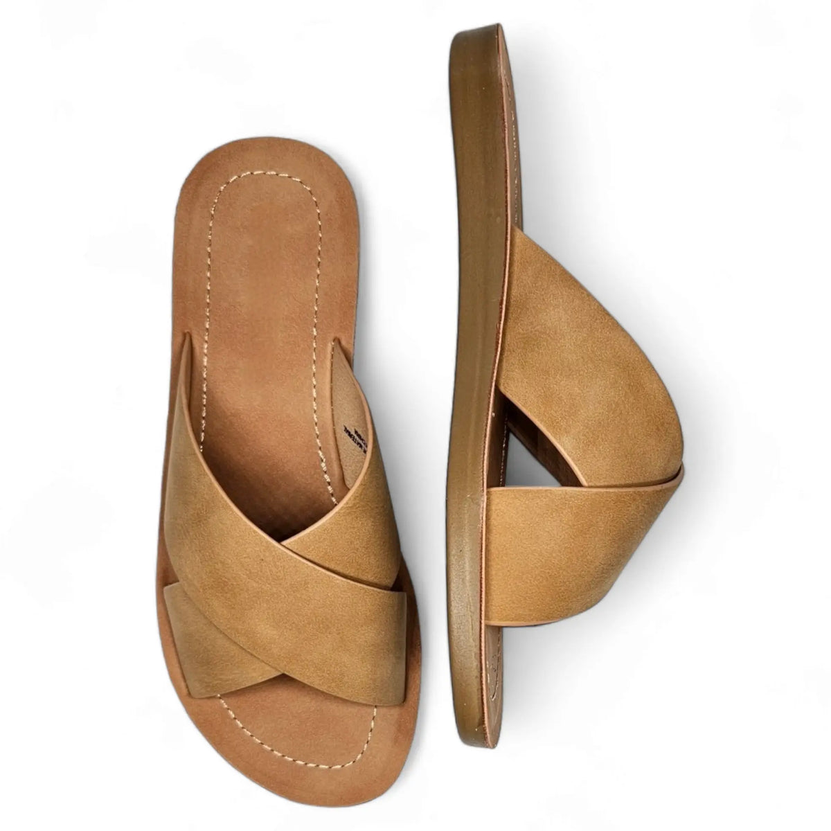 Tan leather criss cross sandal slides with stylish crisscross straps