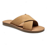 Tan criss cross sandal slides featuring stylish crisscrossing straps