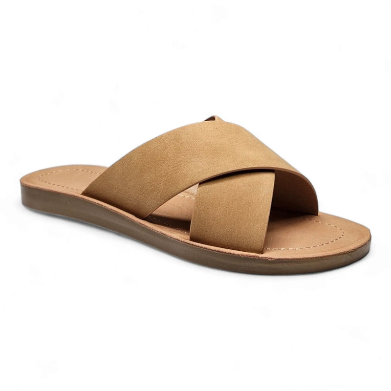 Tan criss cross sandal slides featuring stylish crisscrossing straps