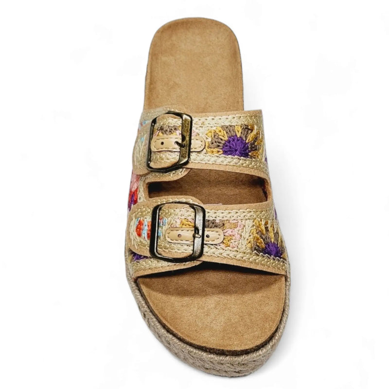 Crochet Double Buckle Platform Slide with embroidered design and espadrille-style sole