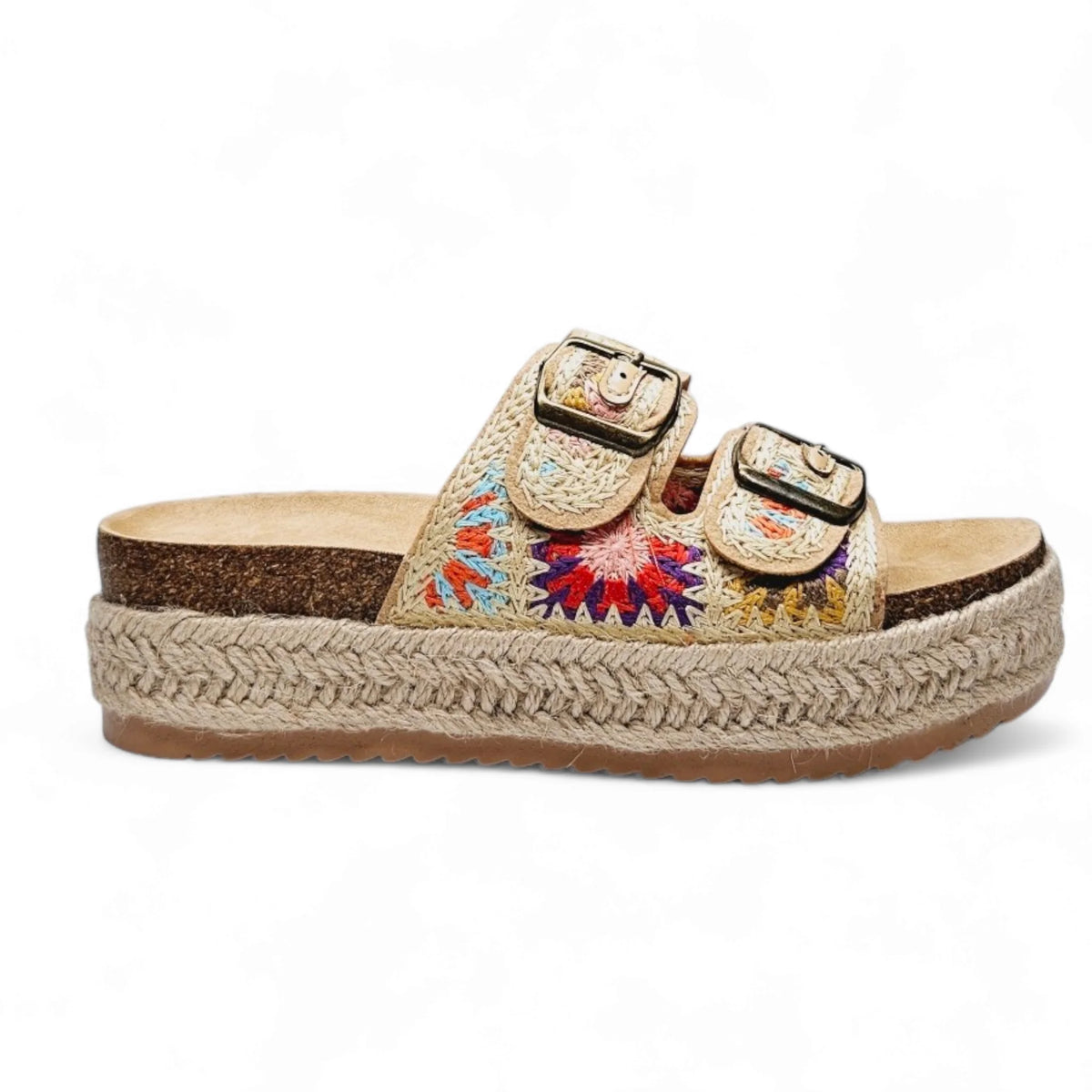 Embroidered Crochet Double Buckle Platform Slide with espadrille-style sole and straps