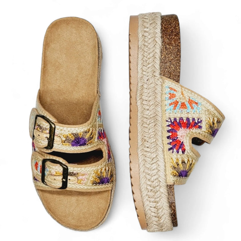 Embroidered Crochet Double Buckle Platform Slide sandals with colorful floral designs