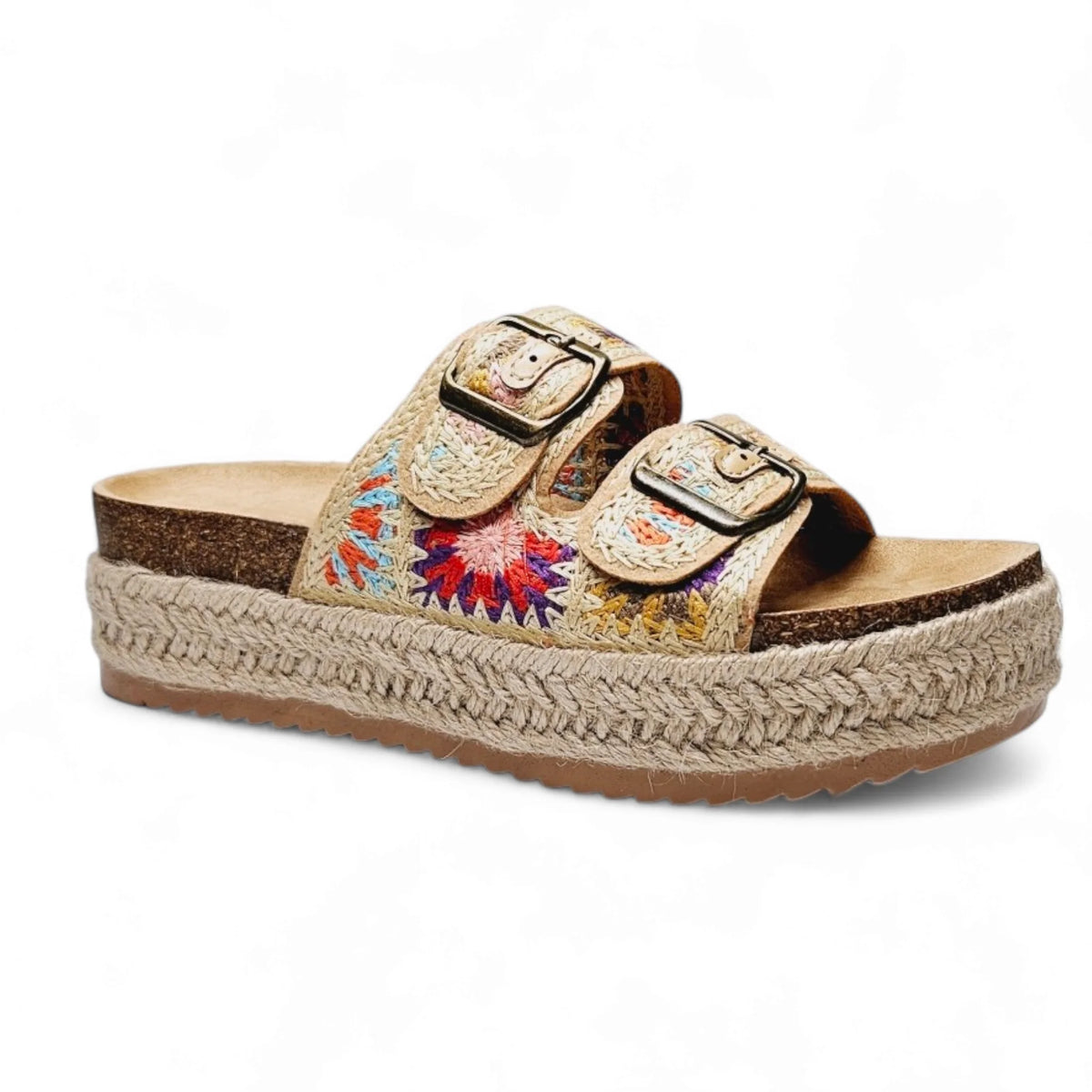 Embroidered Crochet Double Buckle Platform Slide with espadrille-style sole