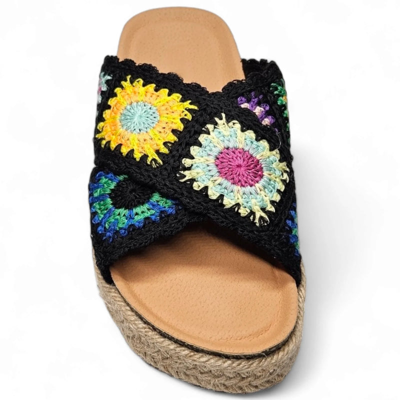 Colorful crocheted sandal with floral motifs on a platform sole, Crochet Platform Slide