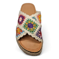 Colorful crocheted sandal with floral granny square upper strap for Crochet Platform Slide