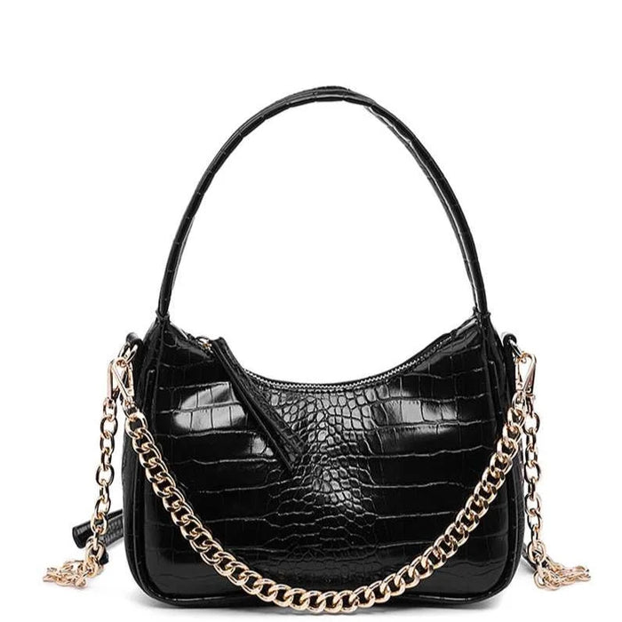 Black crocodile shoulder bag with curved top handle and gold chain strap