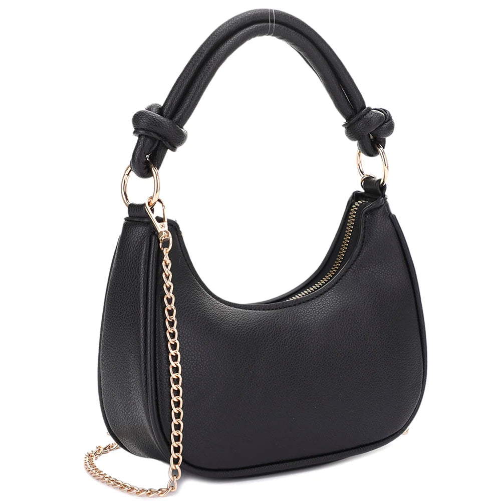 Black leather Curved Zipper Shoulder Crossbody Bag with a curved handle and gold chain strap