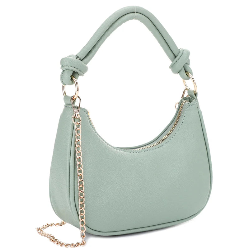 Mint green curved zipper shoulder crossbody bag with gold chain strap and handle