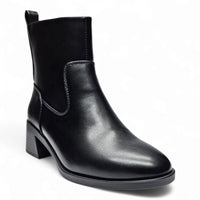 Black leather Daily Casual Beaver ankle bootie with chunky heel and elastic side panel