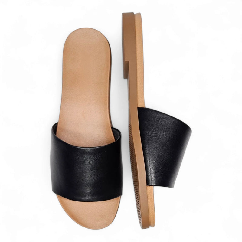 Black leather Daily Slide Sandal with tan sole and footbed for stylish comfort