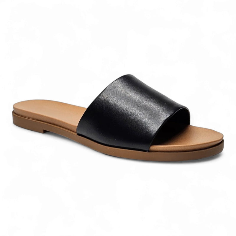 Black leather Daily Slide Sandal with a tan sole for stylish comfort