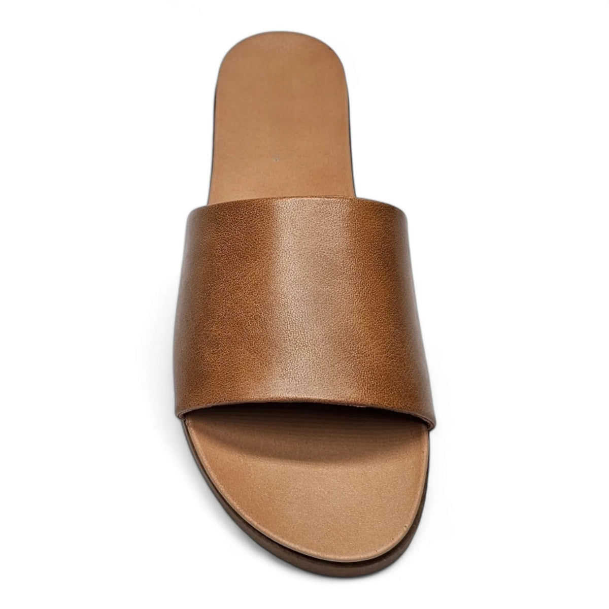 Brown leather Daily Slide Sandal featuring a wide strap across the top